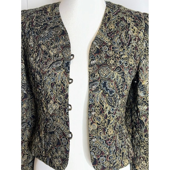 Vintage Jackets & Blazers - Vintage Quilted Cropped Jacket Black Gold Floral Paisley Tapestry Size 6